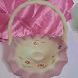 Fenton Pink and Cream Bermese Glass Basket with Hand-Painted Flowers